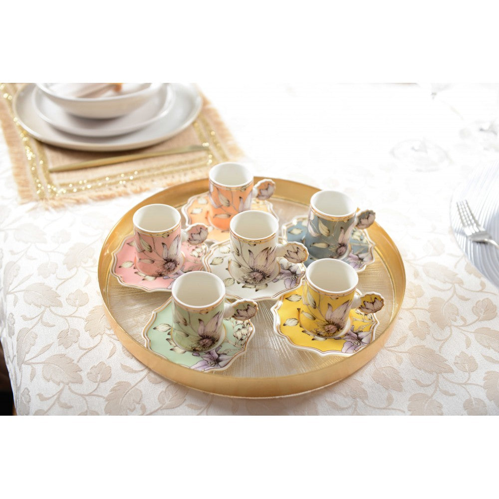 Set of 6 Floral Coffee Cups and Saucers