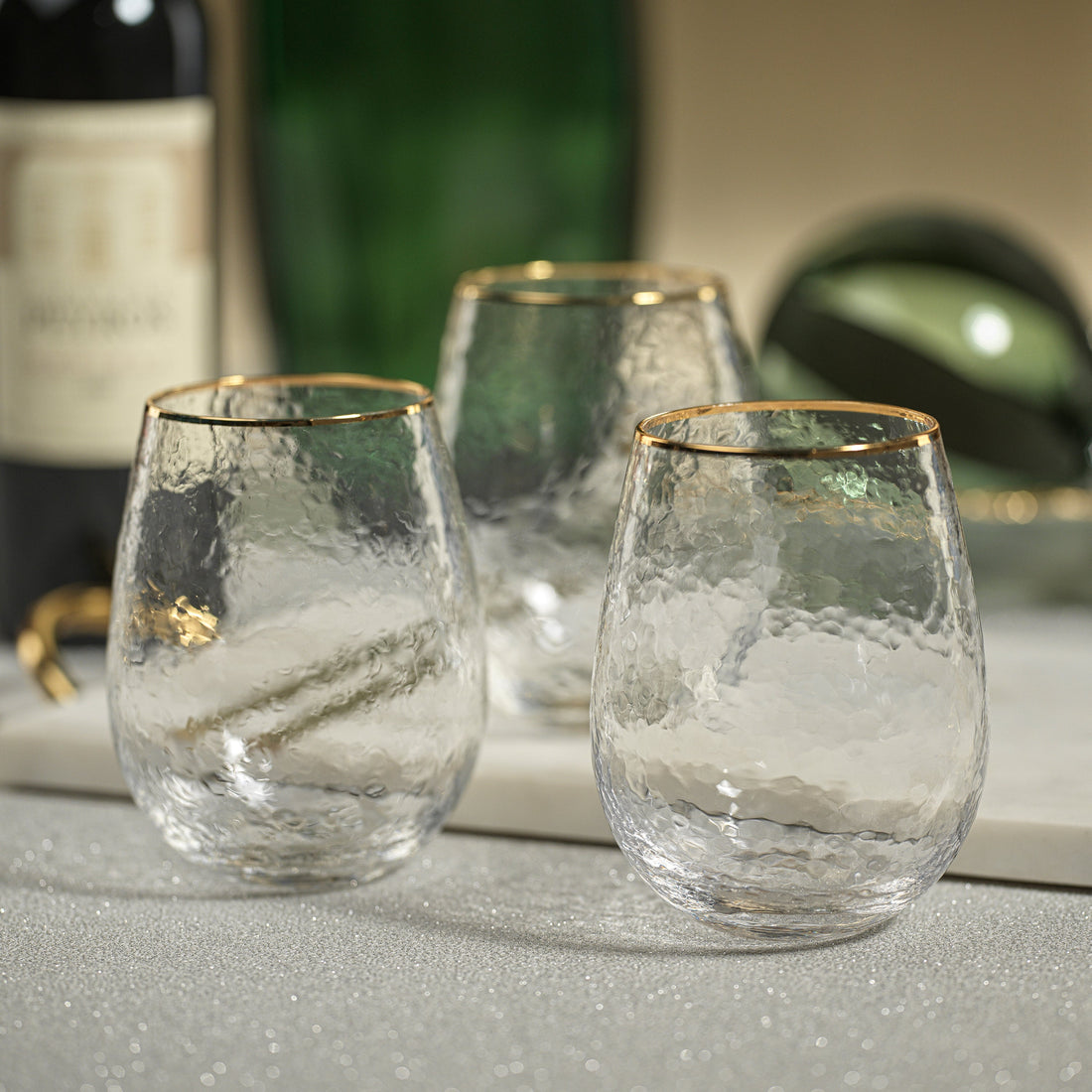 Negroni Hammered Stemless All-Purpose Glass - Clear with Gold Rim Set of 4