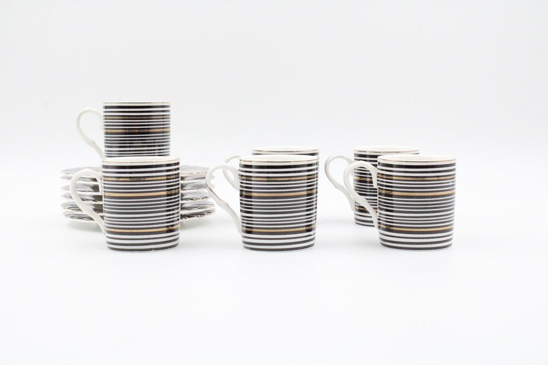 White W/ Black and Gold Lines Espresso Cup & Saucer Set